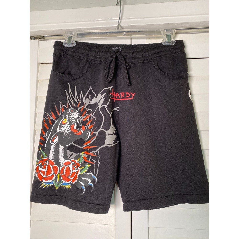 NEW ED HARDY Panther Roses EHM8100-1 Black Fleece Shorts Garage Biker | Med